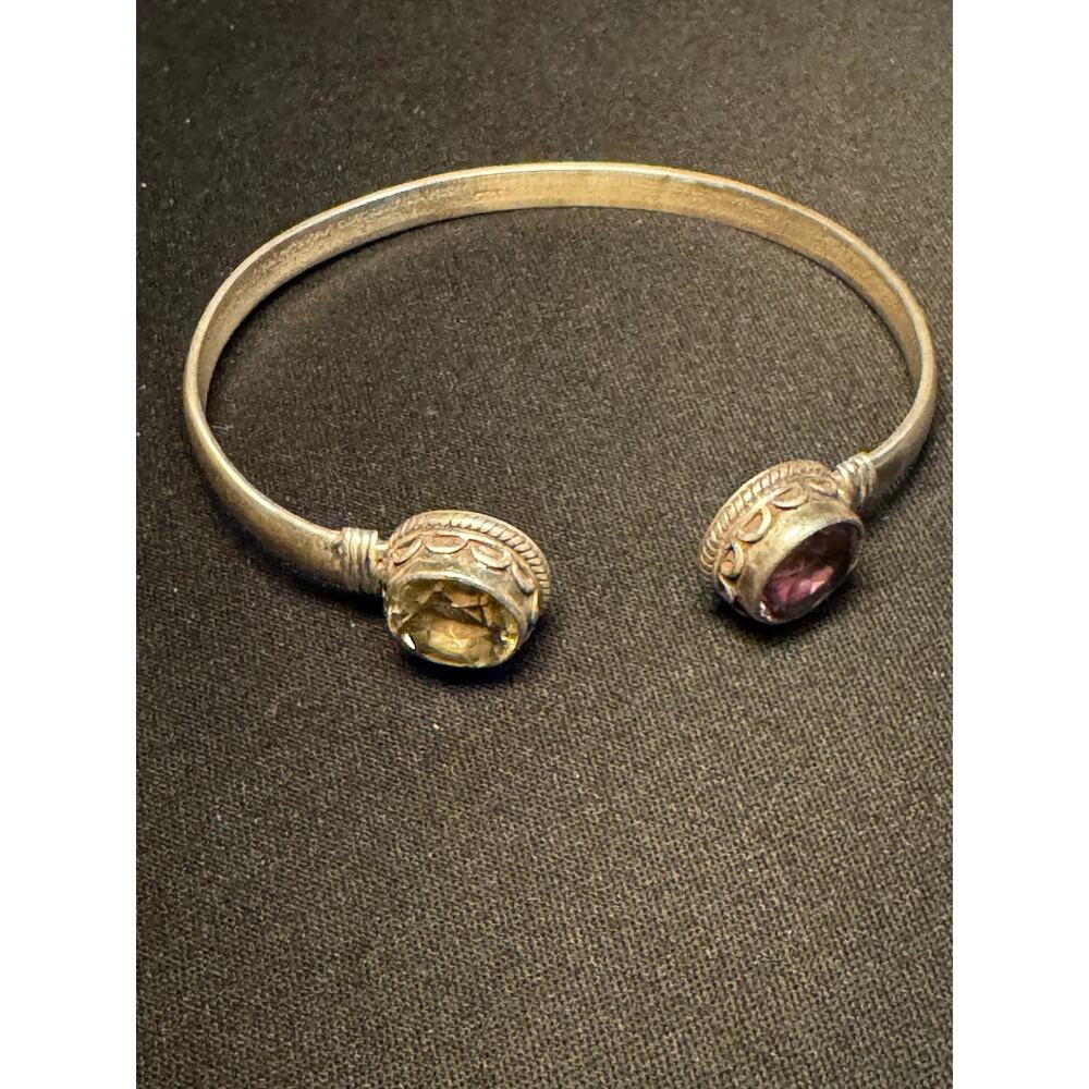 925 Sterling Silver Open Cuff Bracelet with Yellow and Purple Gemstone Ends